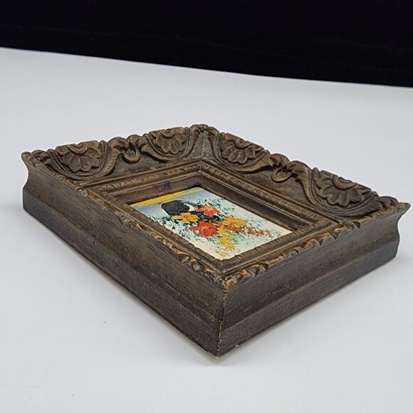 Antique Ornate Wooden Carved Picture Frame With Oil Painting 2x2.25" - Picture 9 of 13
